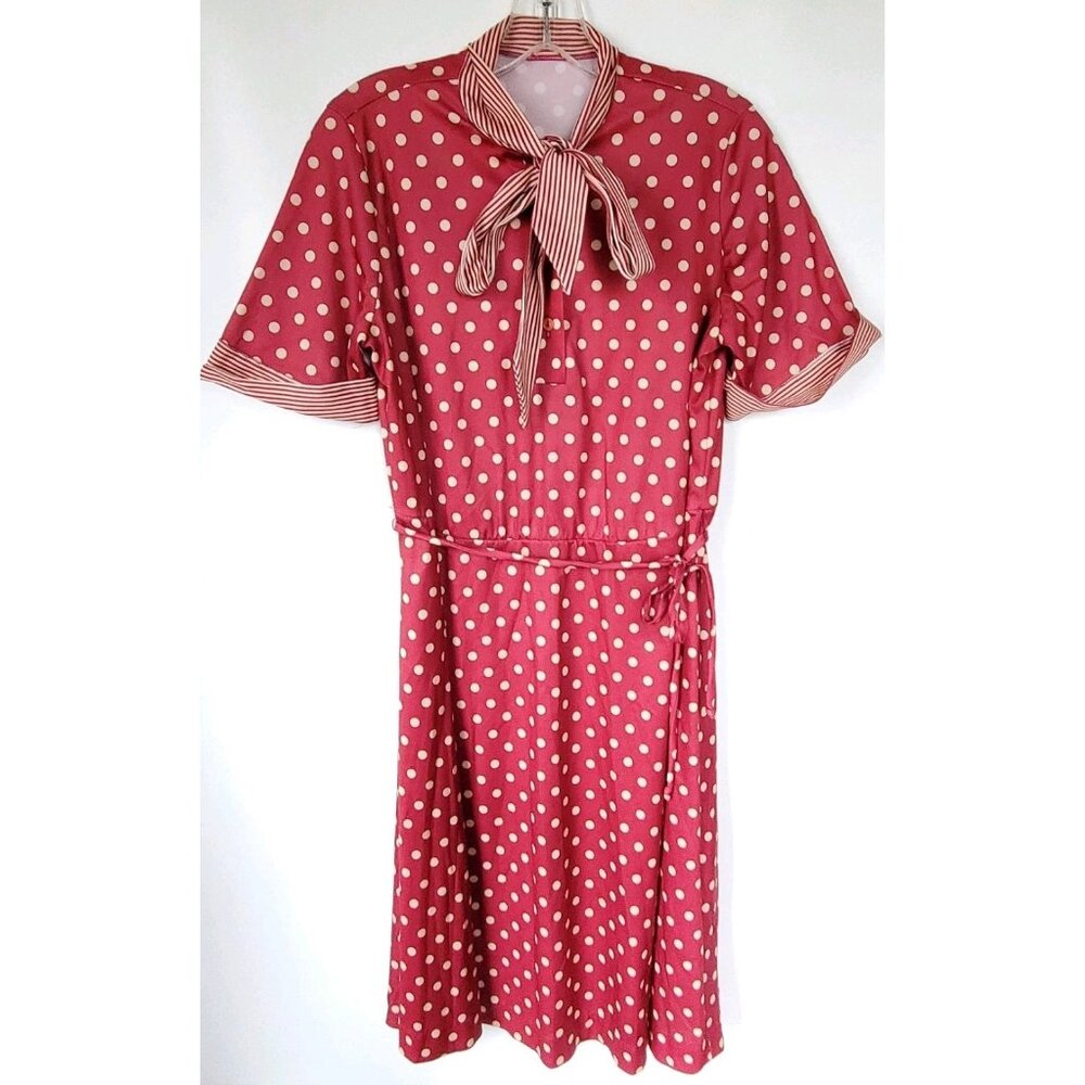 VTG Red Polka Dot Midi Dress Bow Tie Collar Retro Secretary Sz S/M